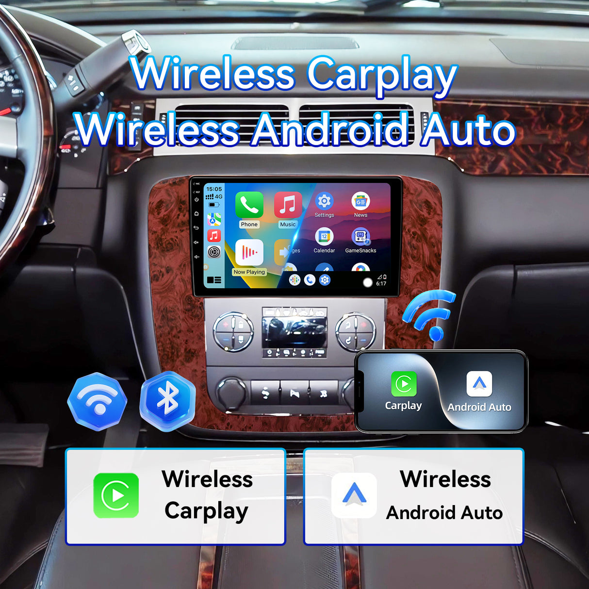 Car Stereo Radio for GMC Yukon Sierra Chevy Tahoe Suburban Silverado 2007-2012 with Wireless CarPlay & Android Auto 1080P Backup Camera GPS Navigation FM Bluetooth SWC WiFi