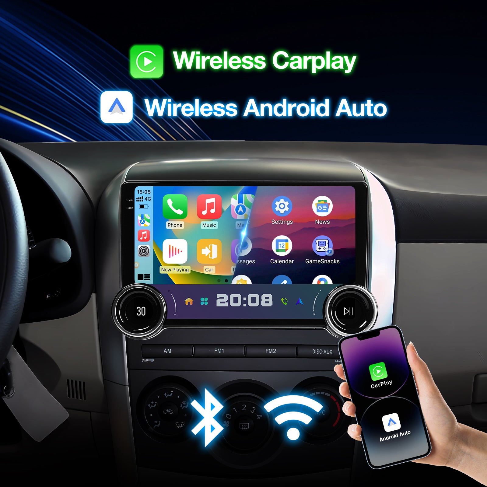 Android 13 Single Din Touchscreen Radio with Wireless CarPlay