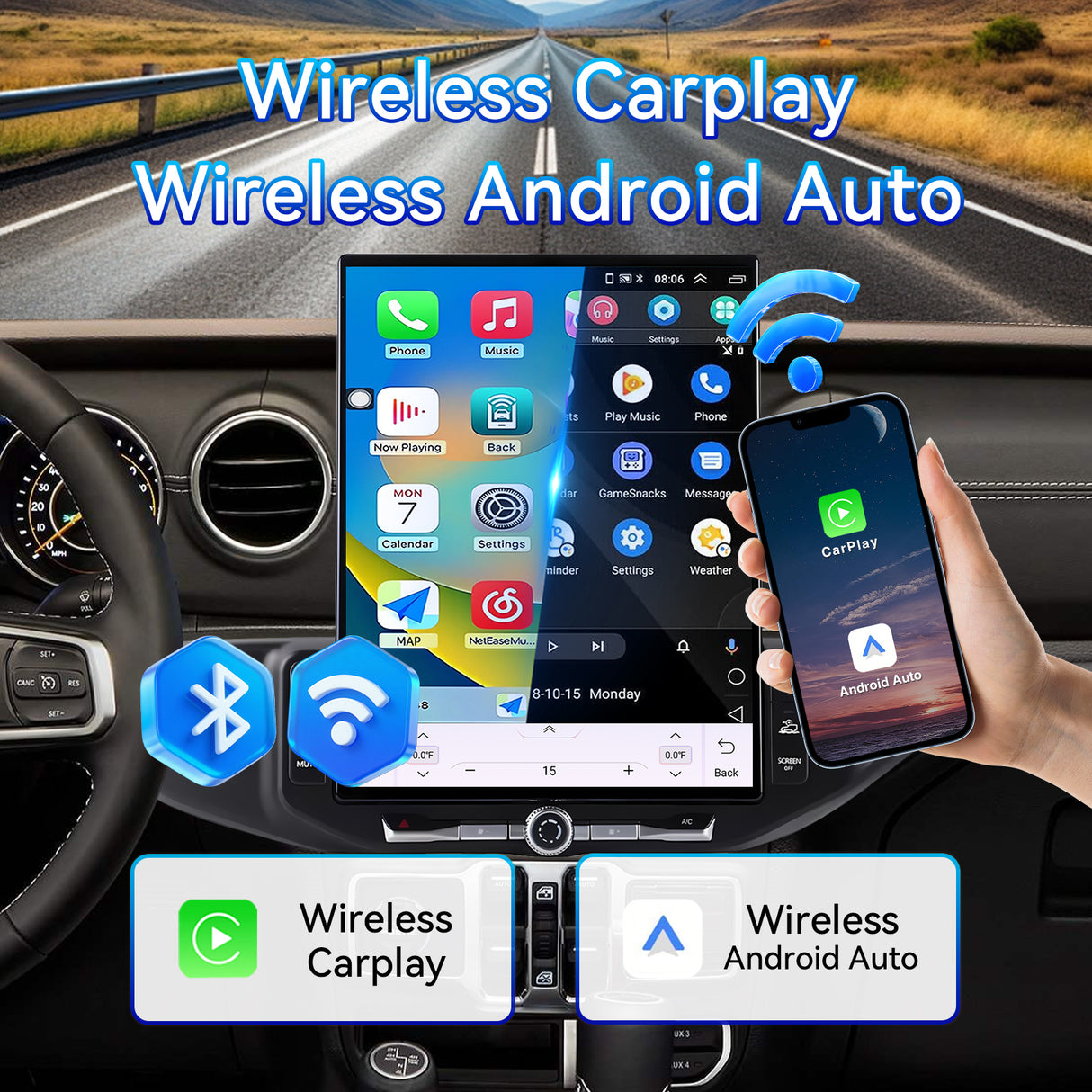 Android 15 Car Radio Stereo for Jeep Wrangler JL 2018-2022 Gladiator JT 2019-2022 with Wireless CarPlay & Android Auto 16.2-Inch Touch Screen DSP 4G LTE 5G WiFi BT GPS Navigation BT