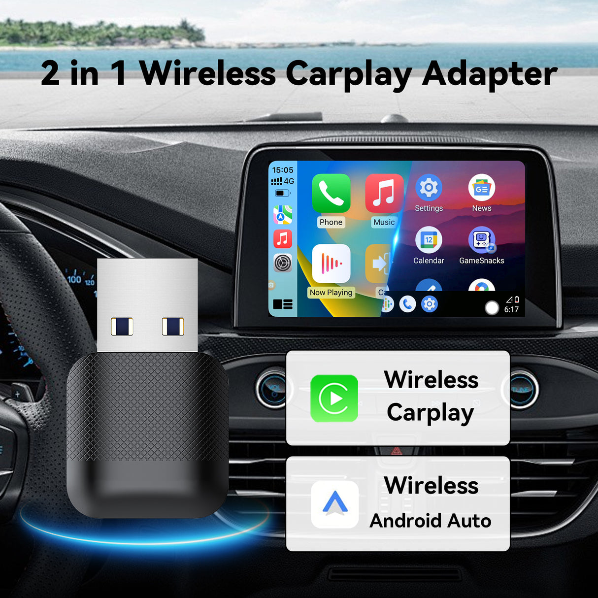 2-in-1 Wireless CarPlay Adapter / Android Auto Dongle, 5.8GHz WiFi Auto Connection, Compatible with iOS12+ & Android11+