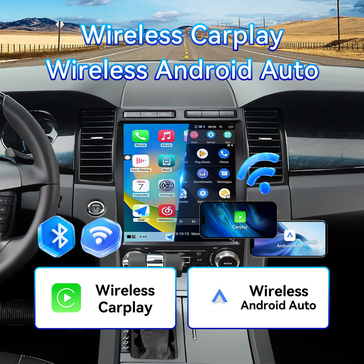 Car Stereo Radio for Ford Taurus 2012-2014 with Wireless CarPlay & Android Auto Qualcomm 8‑Core Chip 12.1-Inch Touchscreen Head Unit Bluetooth GPS WiFi SWC FM