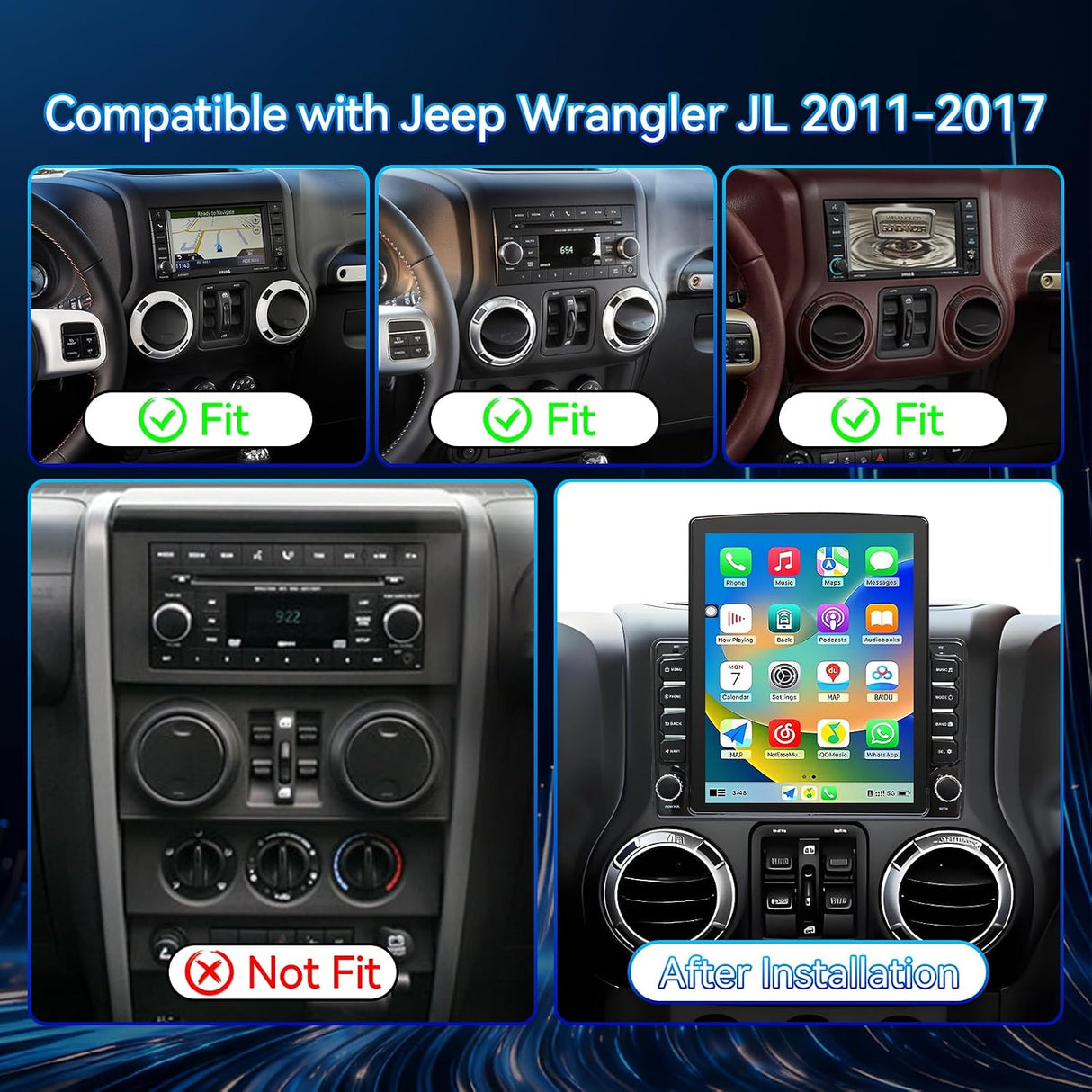 Car Radio Stereo Compatible with Jeep Wrangler JK 2011-2017, Touch Stereo with Wireless CarPlay Android Auto GPS WiFi Bluetooth Backup Camera