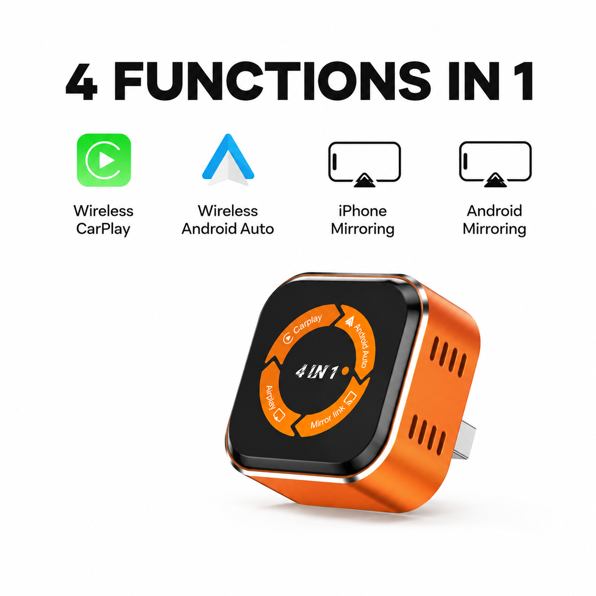 4-in-1 Mini Wireless CarPlay & Android Auto Adapter with iPhone & Android Screen Mirroring for Stock Wires  CarPlay & Android Auto Vehicles