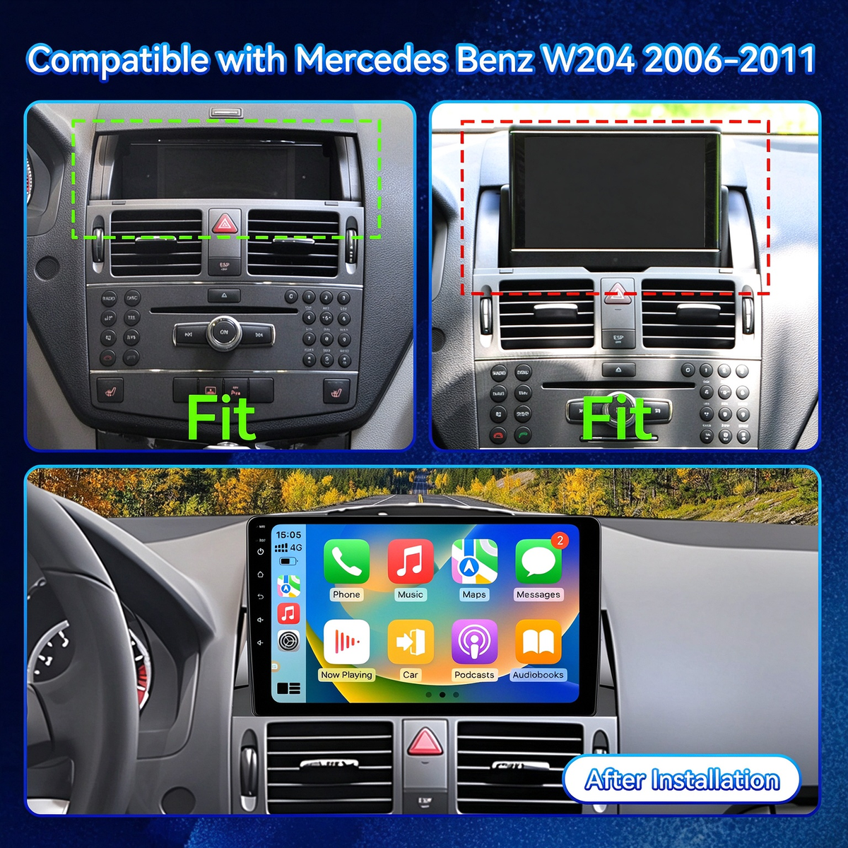 Car Stereo Radio for Mercedes Benz C-Class W204 S204 2006-2011 with Wireless Carplay & Android Auto 9-Inch Touchscreen FM Bluetooth 5G WiFi GPS Navigation Mirror Link SWC AHD Camera