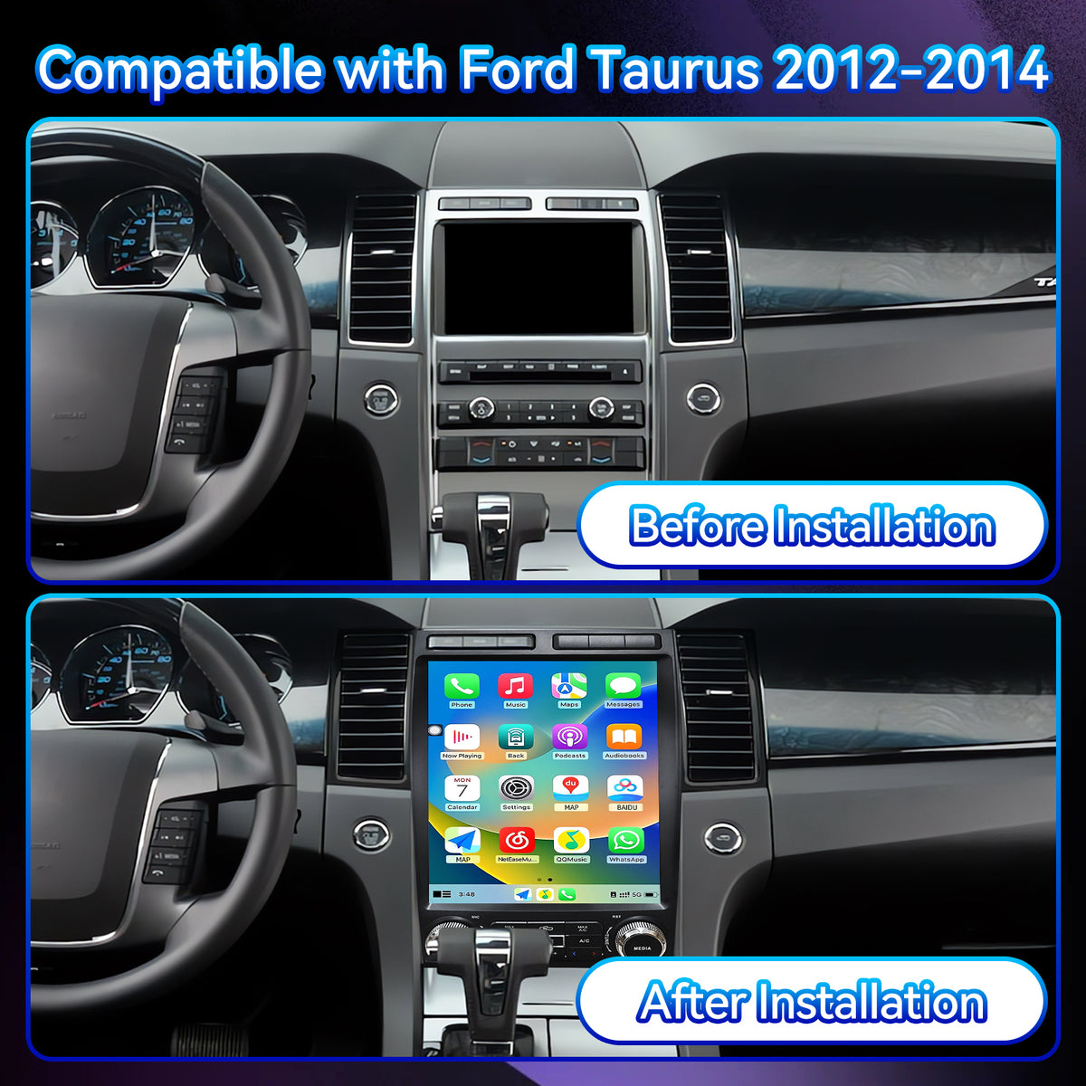 Car Stereo Radio for Ford Taurus 2012-2014 with Wireless CarPlay & Android Auto Qualcomm 8‑Core Chip 12.1-Inch Touchscreen Head Unit Bluetooth GPS WiFi SWC FM