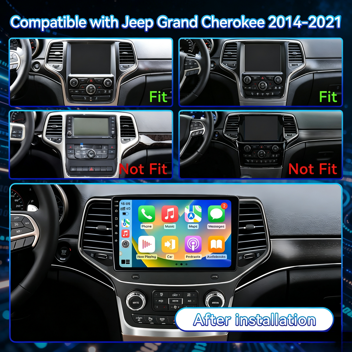 Car Stereo Radio for Jeep Grand Cherokee 2014-2021 with Wireless CarPlay & Android Auto 10.1" IPS Touchscreen WiFi GPS FM Audio 1080P Backup Camera
