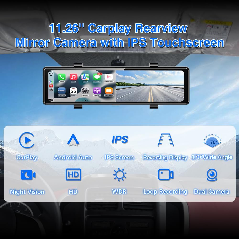 11.26 Inch CarPlay Rearview Mirror Dash Cam with 64GB SD Card – Binize