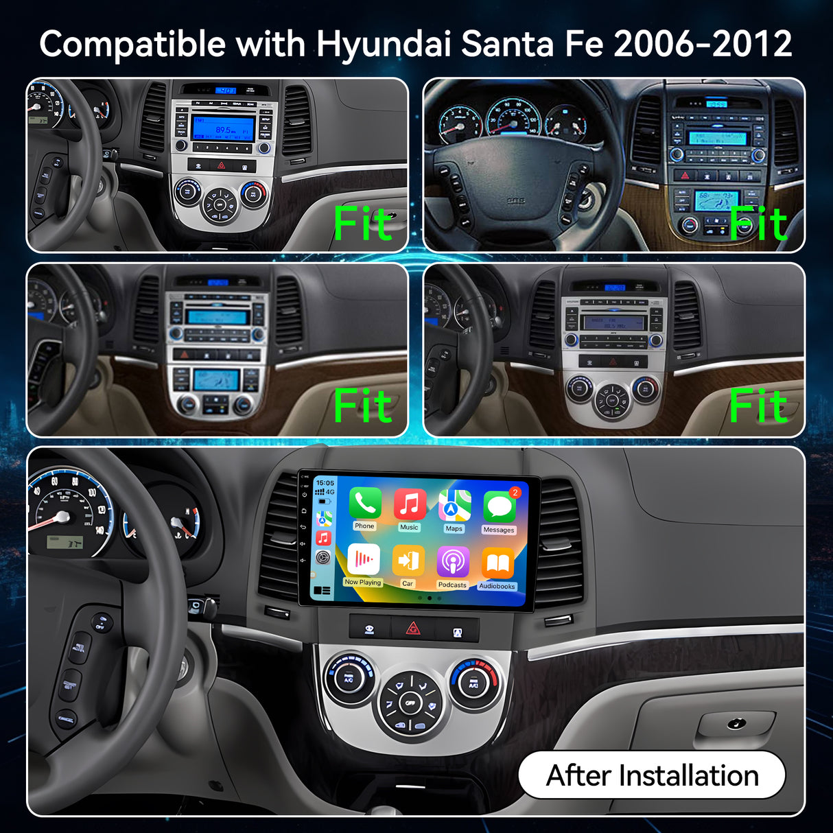 Car Stereo for Hyundai Santa Fe 2006-2012 Upgrade Wireless CarPlay & Android Auto AHD Backup Camera GPS SWC FM WiFi Bluetooth