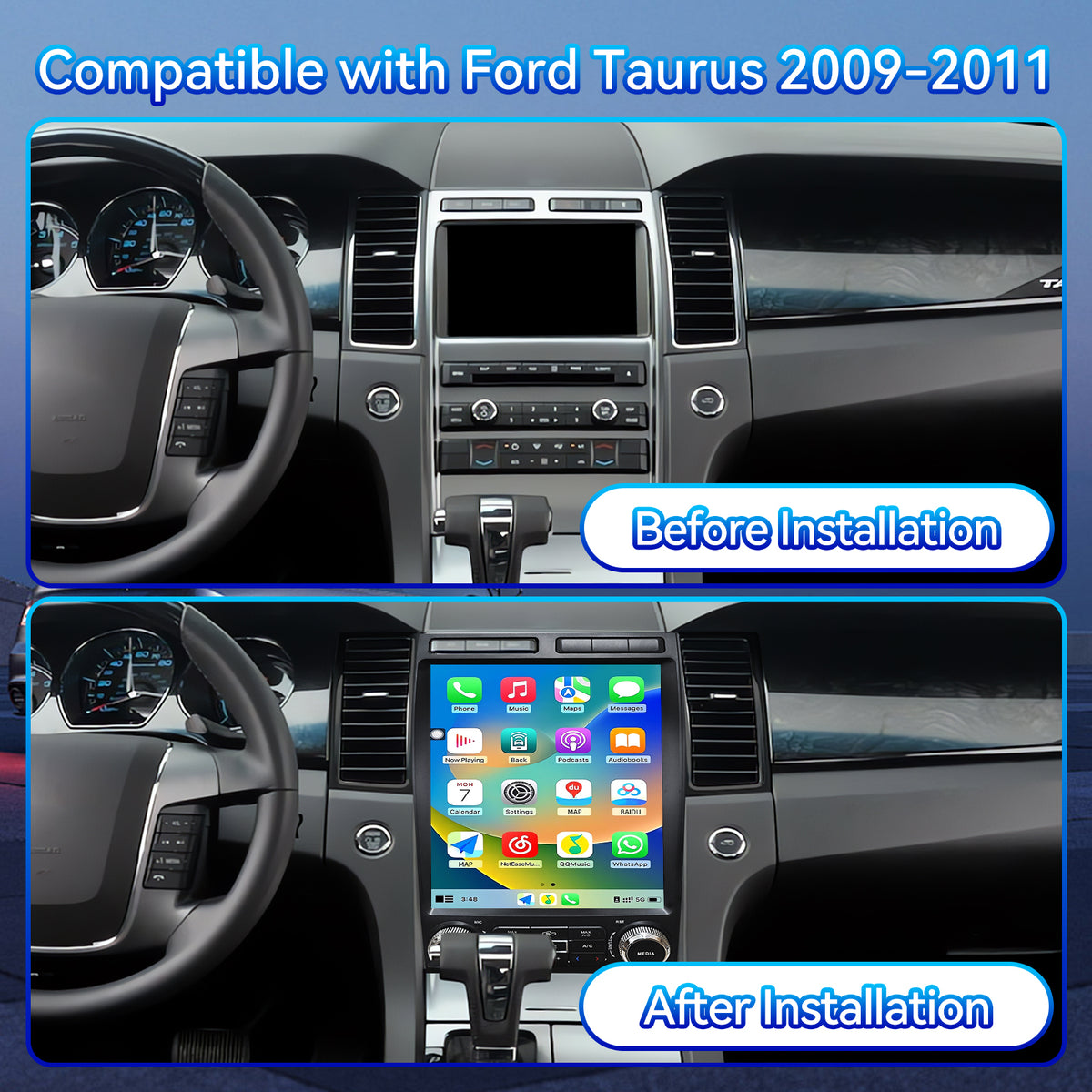 Car Stereo Radio for Ford Taurus 2009-2011 with Wireless CarPlay & Android Auto Qualcomm 8‑Core Chip 12.1-Inch Touchscreen GPS Navigation WiFi Bluetooth FM