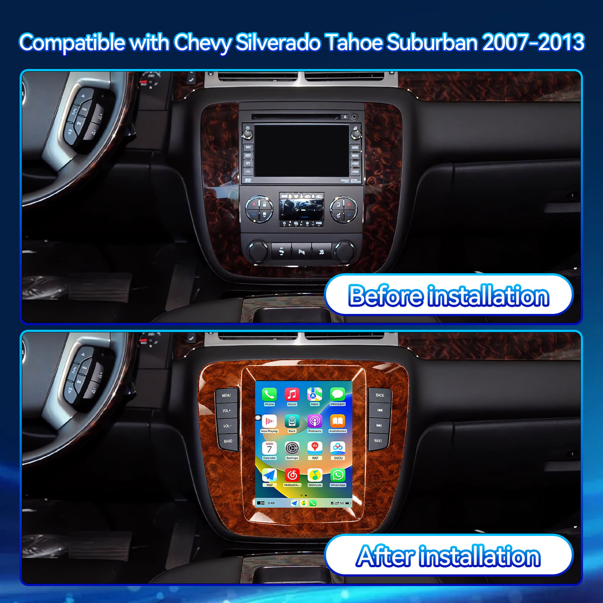 Car Stereo Radio for Chevy Silverado Tahoe Suburban 2007-2013 with Wireless CarPlay & Android Auto Tesla‑style Vertical Screen 5G WiFi GPS Navigation 1080P Camera