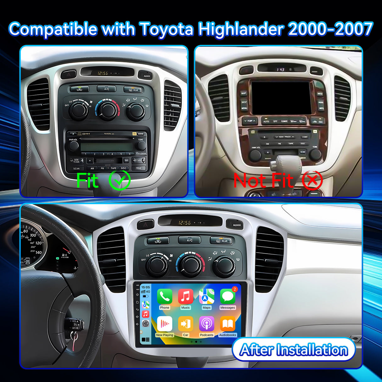 Car Stereo Radio for Toyota Highlander 2001-2007 with Wireless CarPlay & Android Auto AHD Backup Camera GPS SWC Bluetooth
