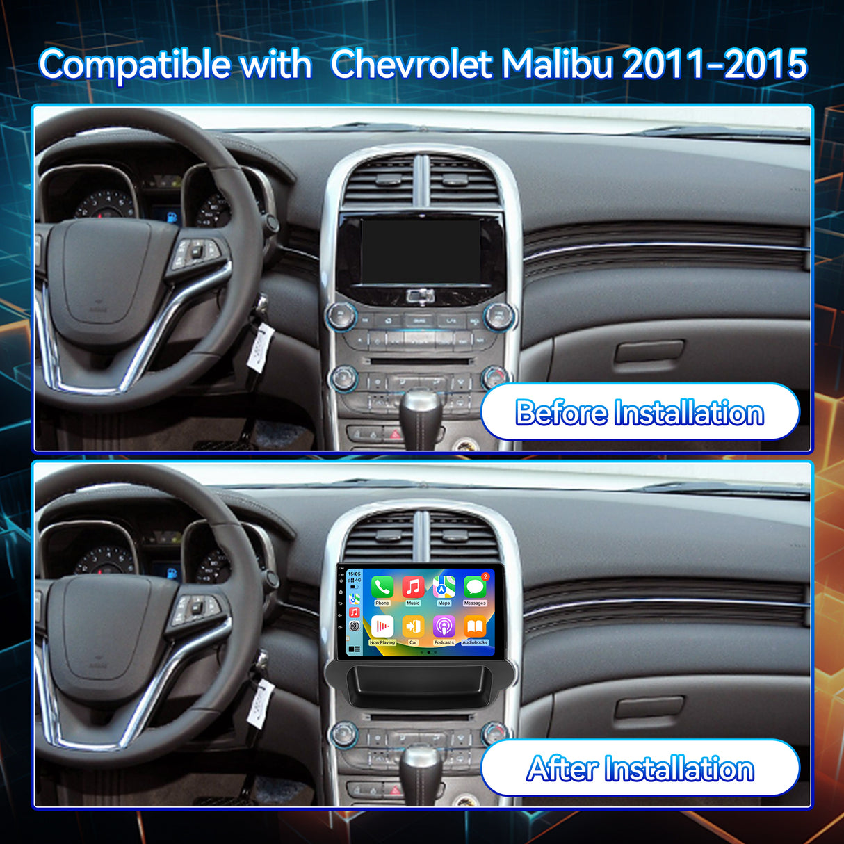 Car Stereo Radio for Chevrolet Malibu 2011-2015 with Wireless CarPlay & Android Auto 9-Inch Touchscreen Mirror Link Bluetooth FM RDS WiFi GPS EQ SWC Backup Camera