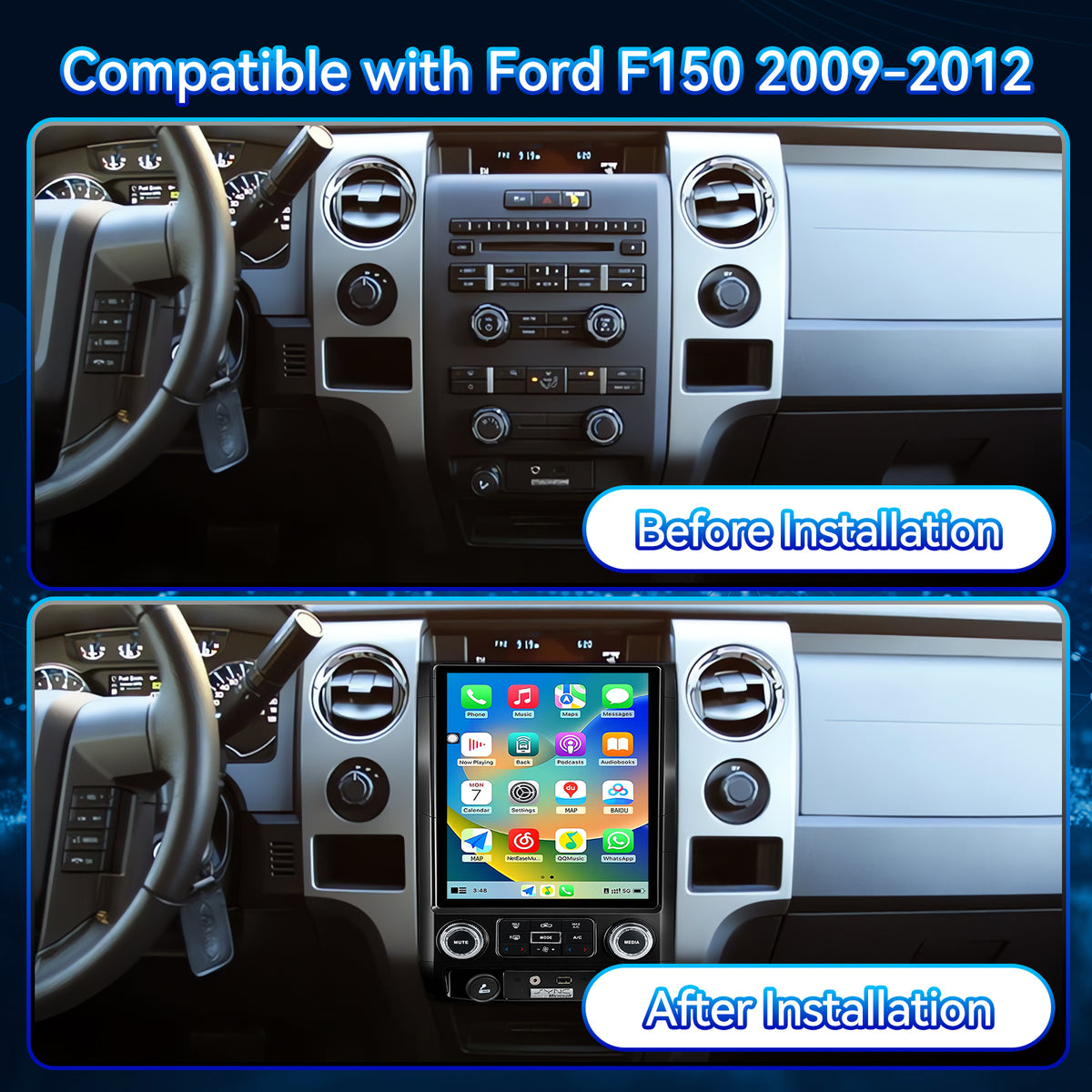 Car Stereo Radio for Ford F150 2009-2012 with Wireless CarPlay & Android Auto, T-Style 12.1" Touchscreen, 8 Core 4+64GB, Mirror Link WiFi Bluetooth FM DSP SWC Backup Camera