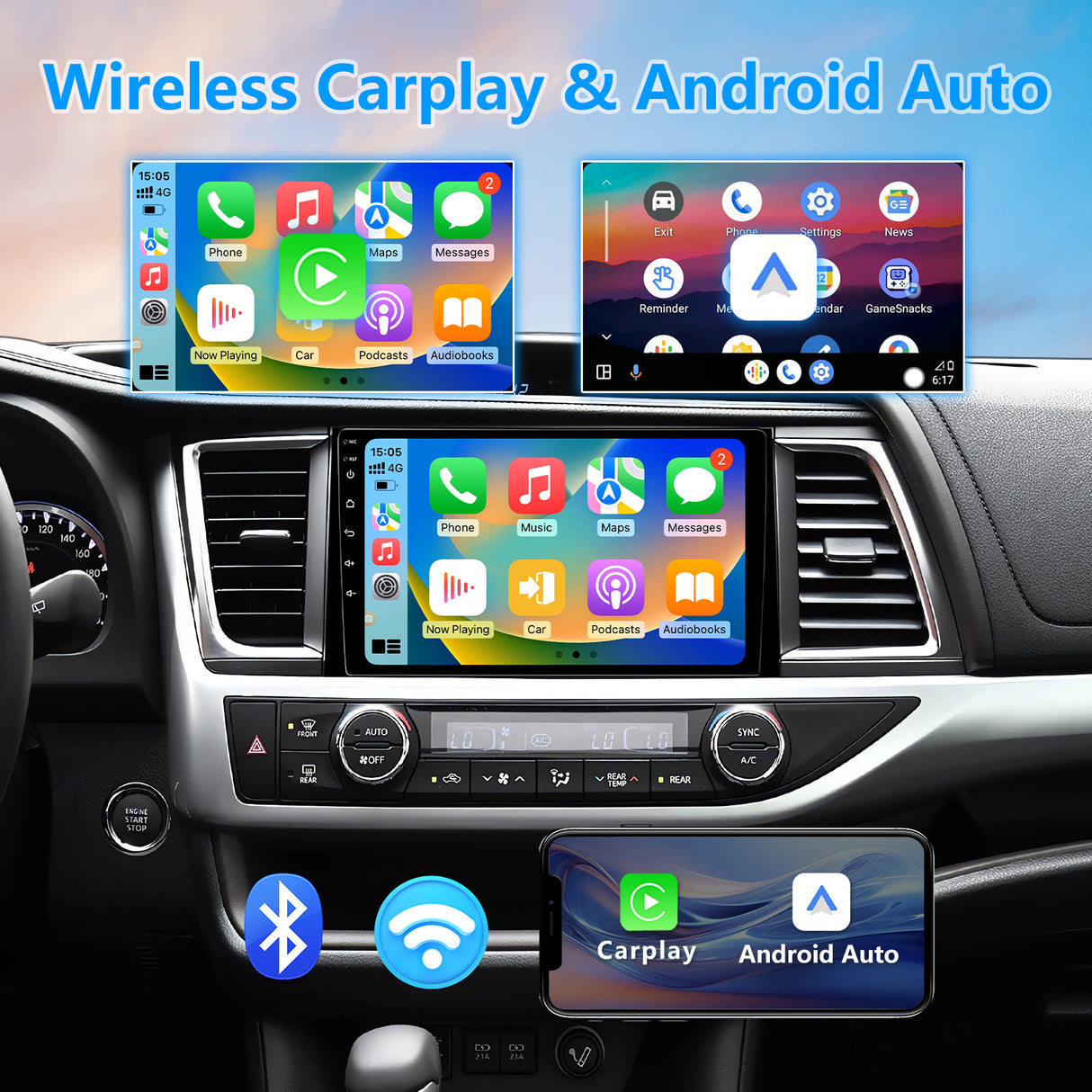 BINIZE Android 13 Car Stereo Compatible with Toyota Highlander 2014 2015 2016 2017 2018 2019 Wireless CarPlay+Android Auto