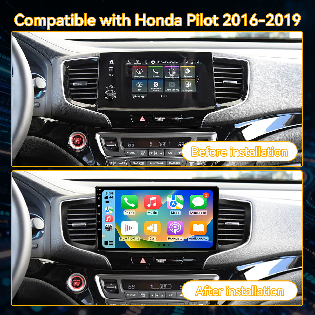 Car Stereo for Honda Pilot 2016-2019 Upgrade Wireless CarPlay & Android Auto AHD Backup Camera GPS SWC FM WiFi Bluetooth