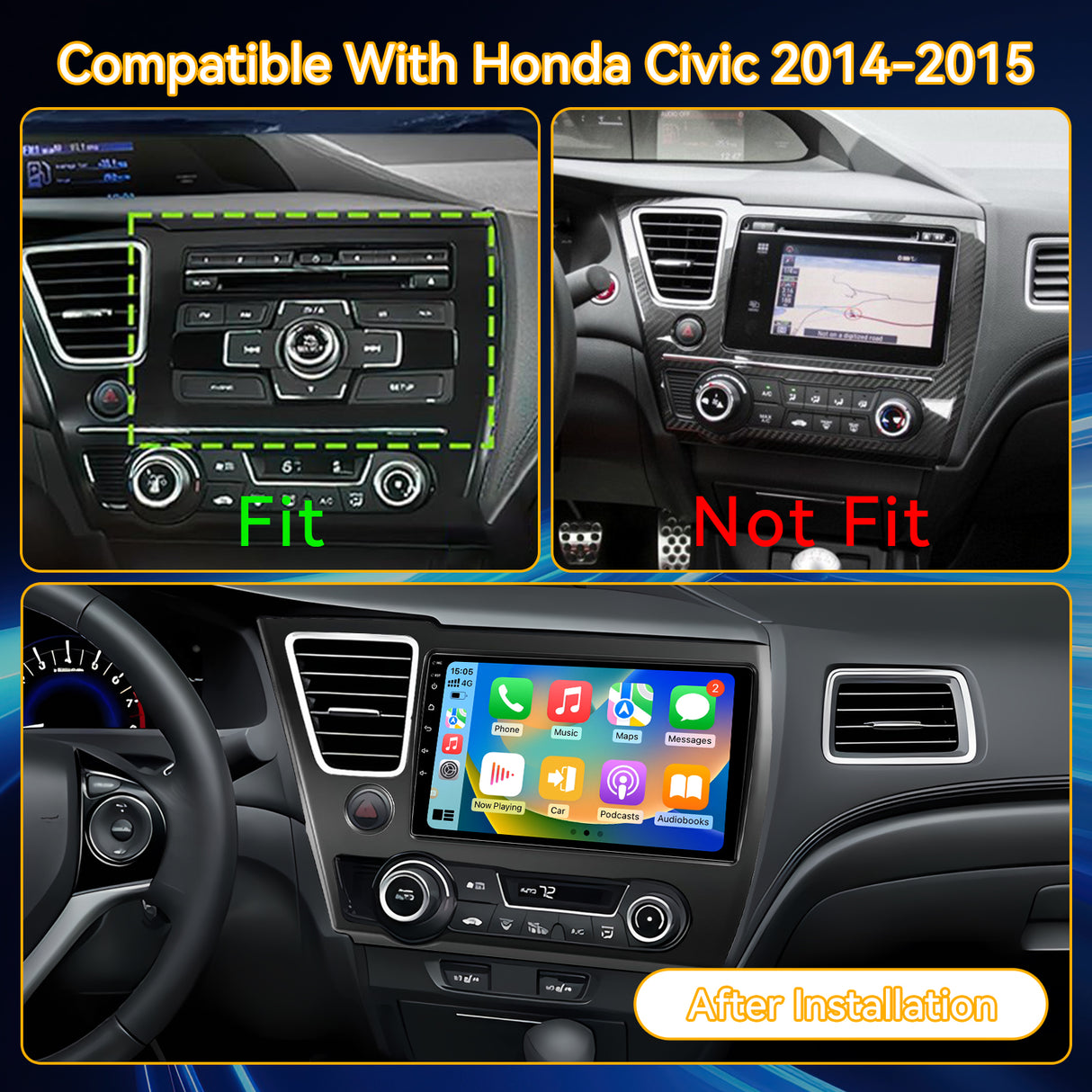 Car Stereo for Honda Civic 2014-2015 Upgrade Wireless CarPlay & Android Auto AHD Backup Camera GPS SWC FM WiFi Bluetooth