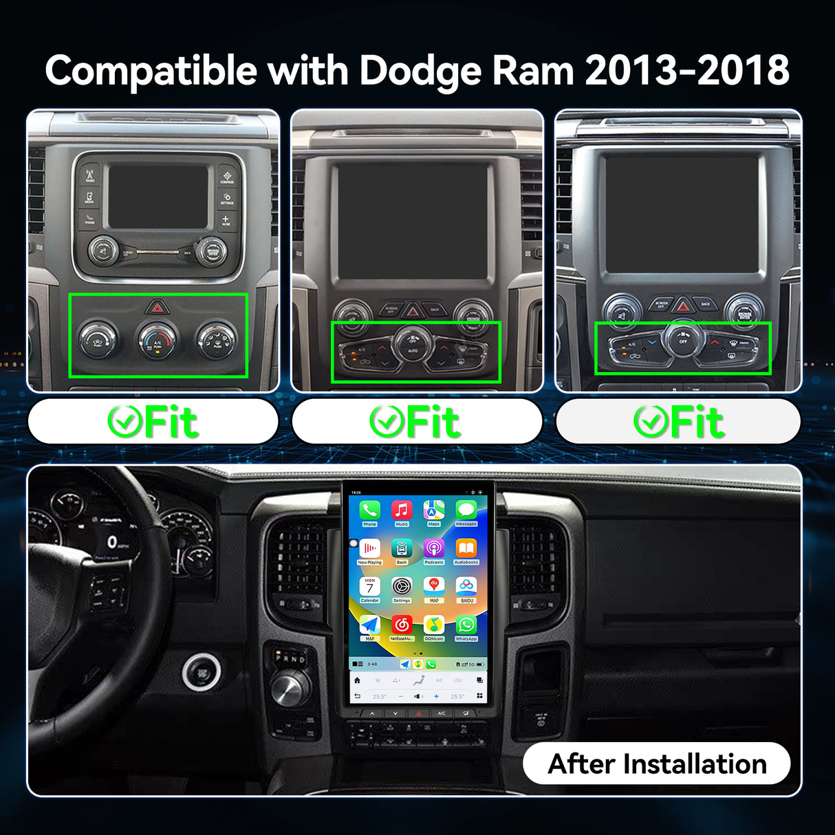 Car Stereo Radio with Android Auto Wireless Carplay for Dodge RAM 1500 2500 3500 2013-2018 Tesla Style Touch Screen Bluetooth WiFi GPS DSP AM FM Head Unit