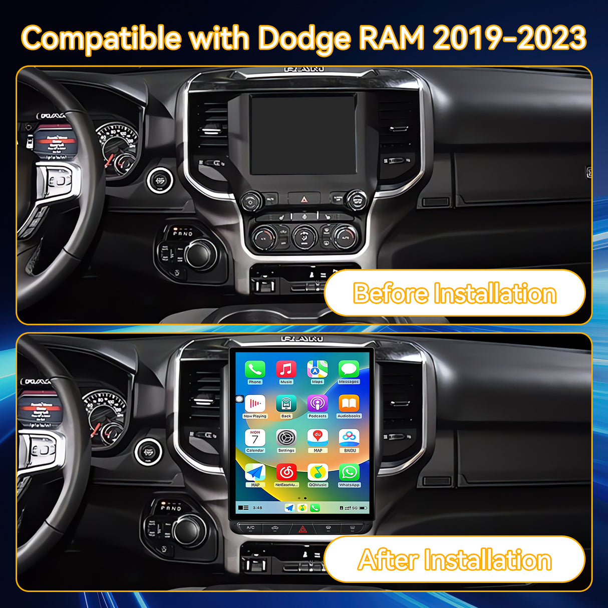Car Stereo for Dodge Ram 2019-2023 Upgrade Wireless CarPlay & Android Auto AHD Backup Camera GPS SWC FM WiFi Bluetooth