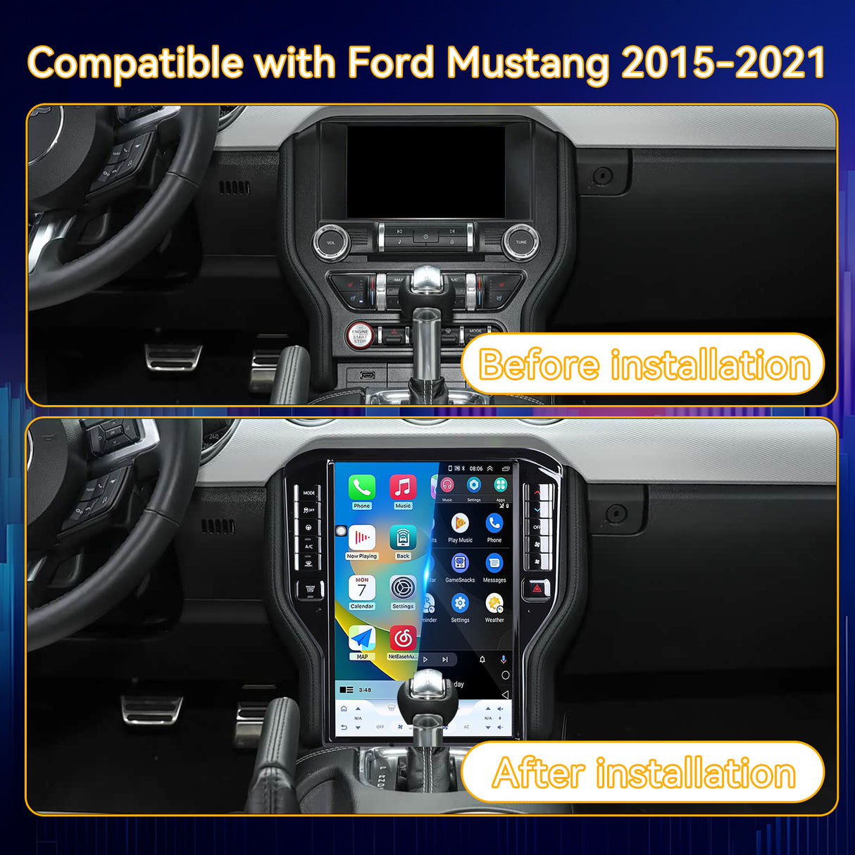 Car Stereo for Ford Mustang 2015-2021 Upgrade Wireless CarPlay & Android Auto AHD Backup Camera GPS SWC FM WiFi Bluetooth