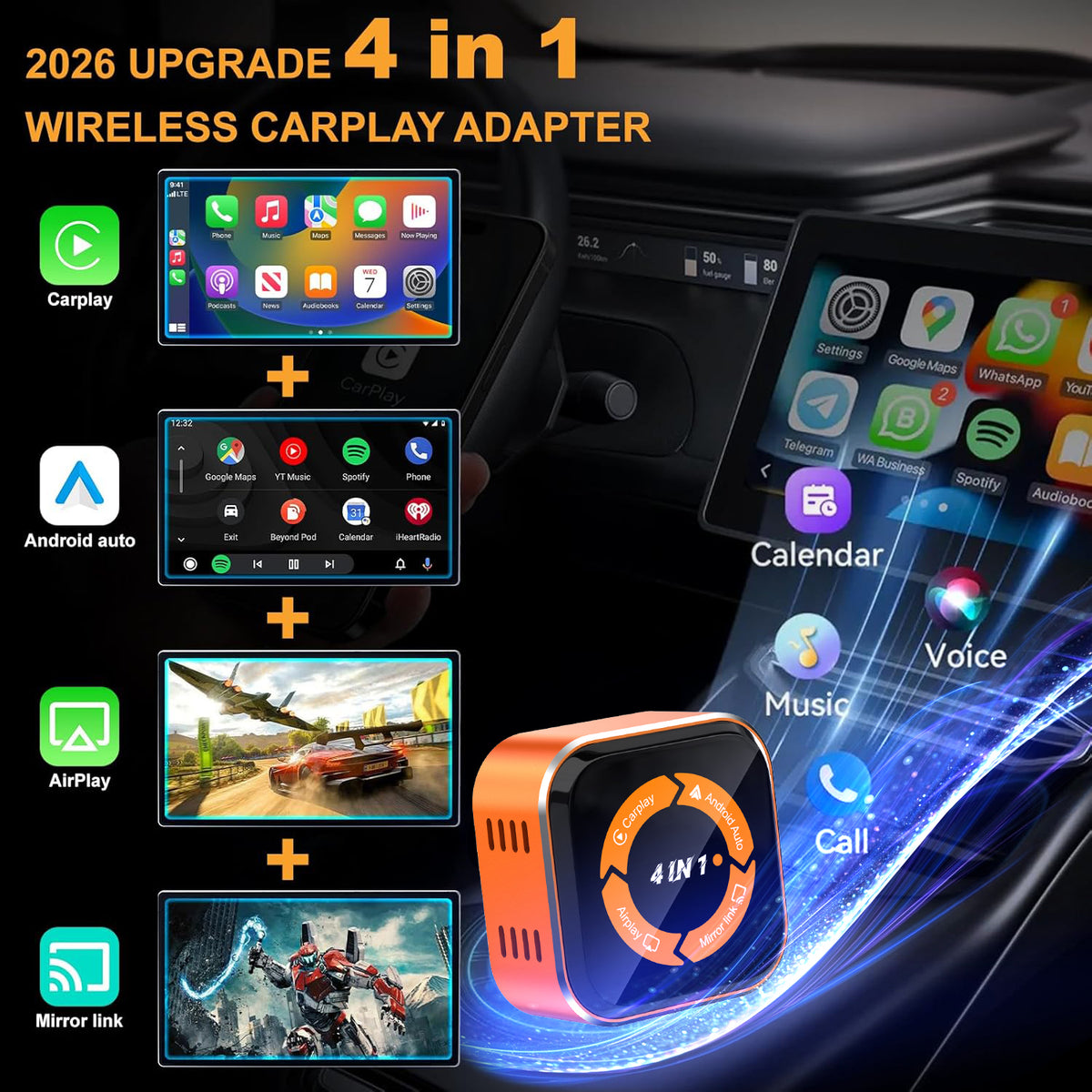 4-in-1 Mini Wireless CarPlay & Android Auto Adapter with iPhone & Android Screen Mirroring for Stock Wires  CarPlay & Android Auto Vehicles