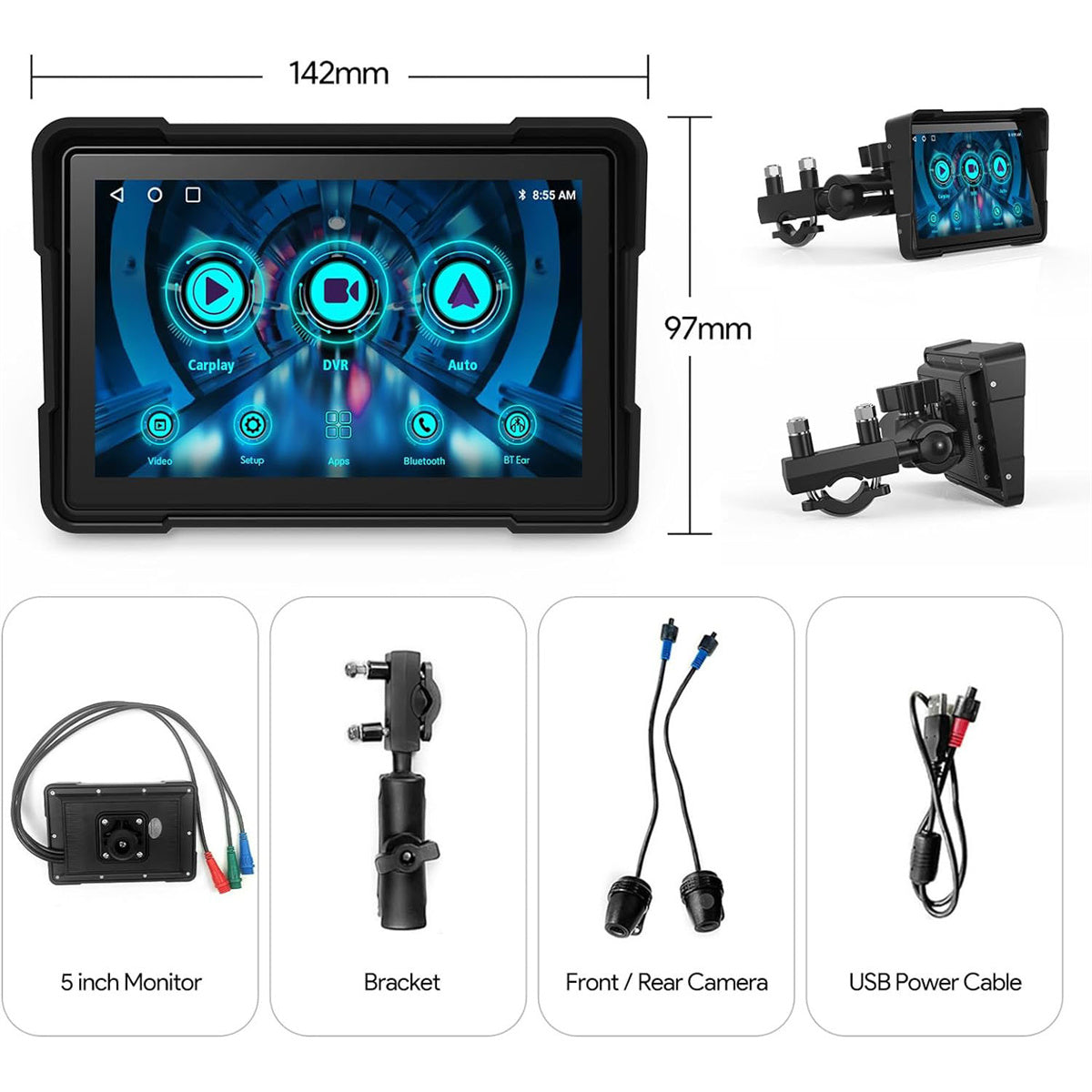 Binize 5 Inch Motorcycle CarPlay Waterproof Screen with Cameras