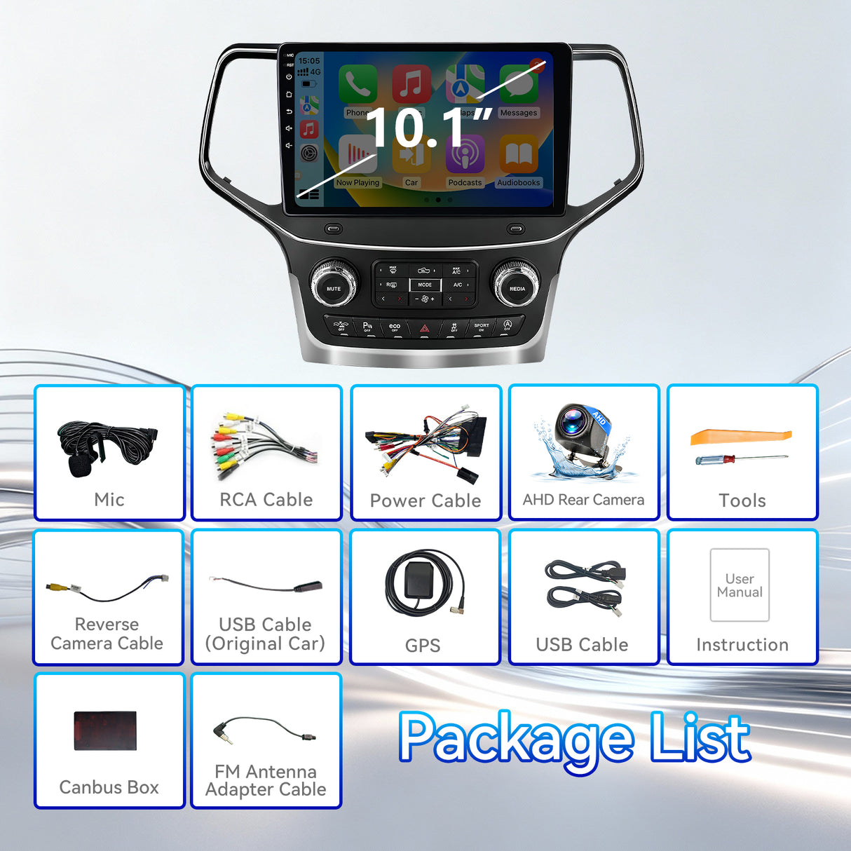 Car Stereo Radio for Jeep Grand Cherokee 2014-2021 with Wireless CarPlay & Android Auto 10.1" IPS Touchscreen WiFi GPS FM Audio 1080P Backup Camera