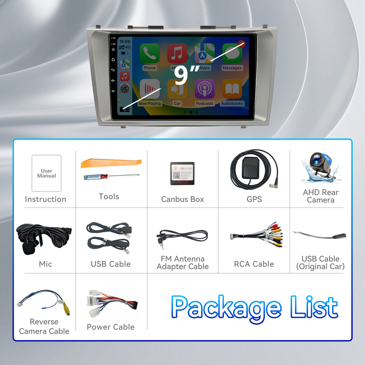 Car Stereo Radio for Toyota Camry 2007-2011 with Wireless Carplay & Android Auto 9 inch Touchscreen GPS FM RDS Bluetooth Backup Camera
