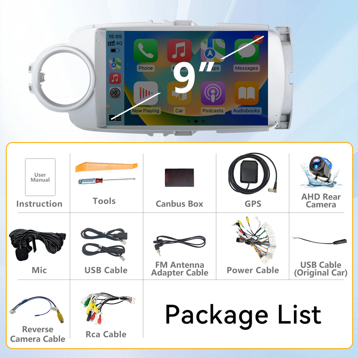 Car Stereo for Toyota Vitz 2012-2017 Upgrade Wireless CarPlay & Android Auto AHD Backup Camera GPS SWC FM WiFi Bluetooth