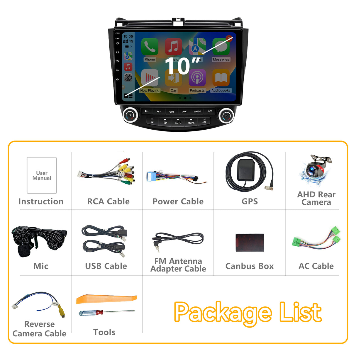 Car Stereo for Honda Accord 7th 2003-2007  Upgrade Wireless CarPlay & Android Auto AHD Backup Camera GPS SWC FM WiFi Bluetooth