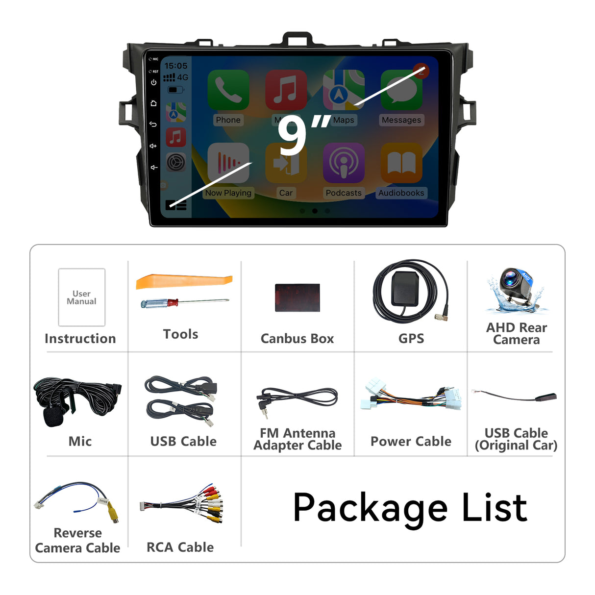 Car Stereo for Toyota Corolla 2006-2012 Upgrade Wireless CarPlay & Android Auto AHD Backup Camera GPS SWC FM WiFi Bluetooth