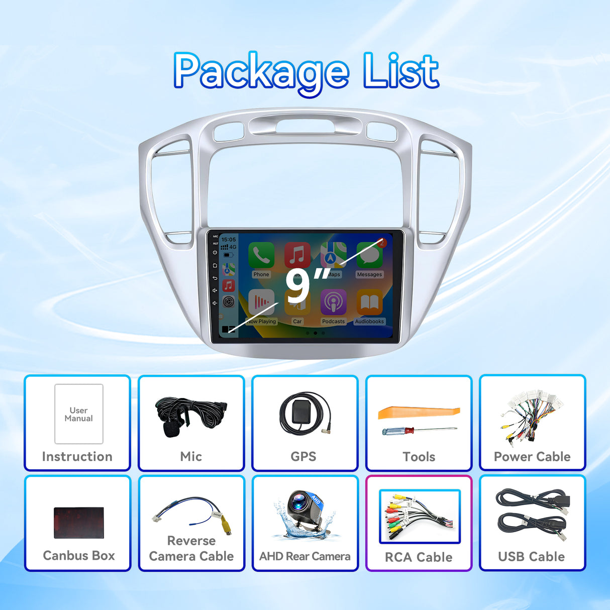 Car Stereo Radio for Toyota Highlander 2001-2007 with Wireless CarPlay & Android Auto AHD Backup Camera GPS SWC Bluetooth