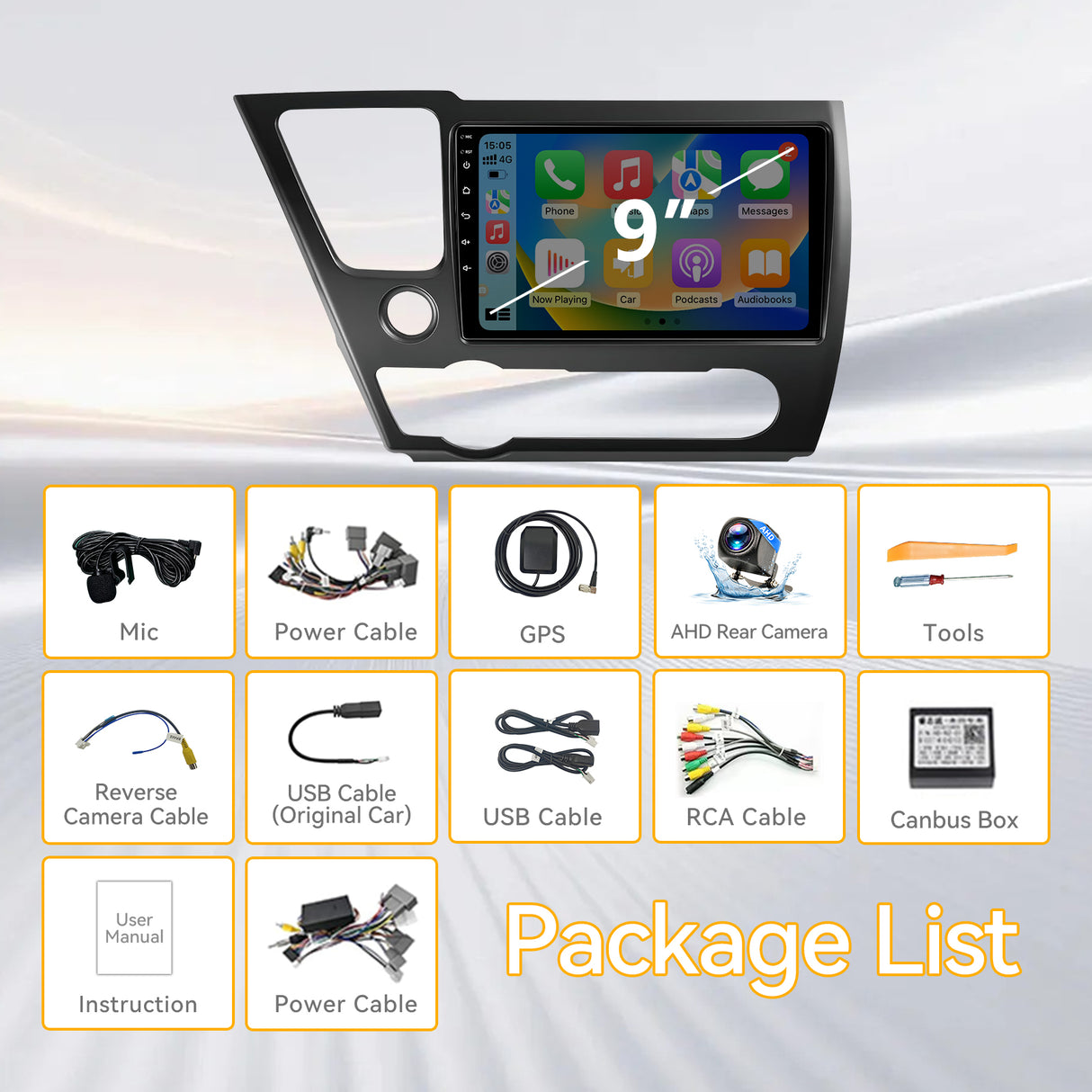Car Stereo for Honda Civic 2014-2015 Upgrade Wireless CarPlay & Android Auto AHD Backup Camera GPS SWC FM WiFi Bluetooth