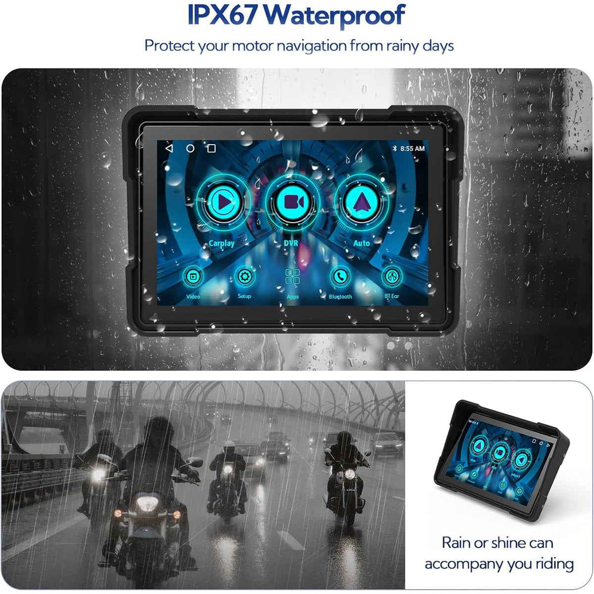 Binize 5 Inch Motorcycle CarPlay Waterproof Screen with Cameras