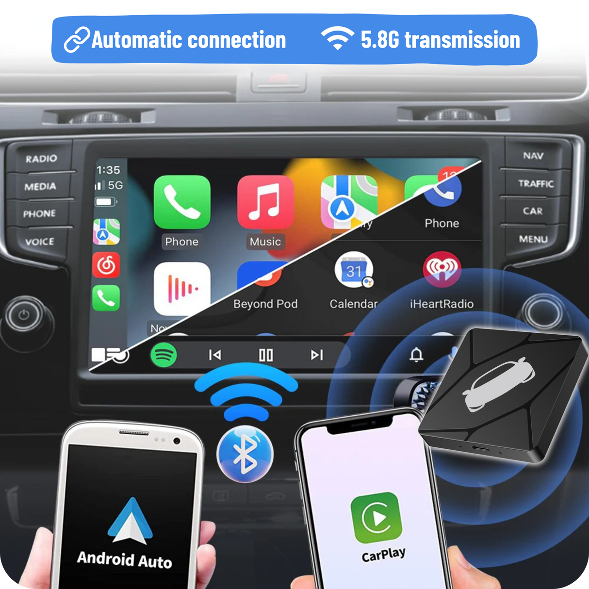 Wireless CarPlay & Android Auto Adapter for Car with OEM Wired CarPlay/Android Auto