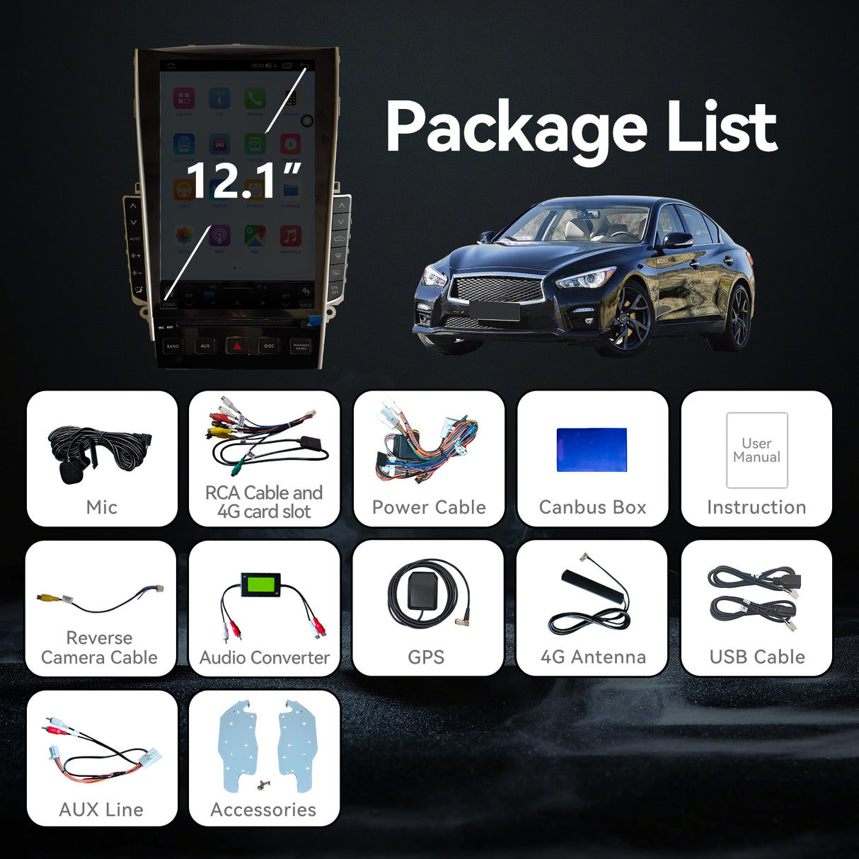 Android Car Stereo Radio Head Unit Compatible with Infiniti Q50 2015 2016 2017 2018 2019 12.1" Touch Screen Wireless CarPlay & Android Auto 8core 8G +128G