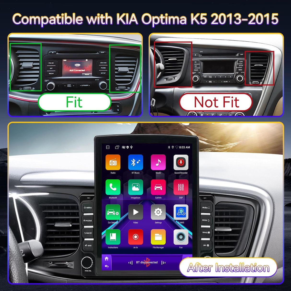 Binize Android 13 Car Stereo Radio Head Unit Compatible with Kia Optima K5 2013 2014 2015 9.7" Touch Screen Car Audio Receiver with CarPlay & Android Auto GPS WiFi Buletooth Back Camera FM Mic 2+64G