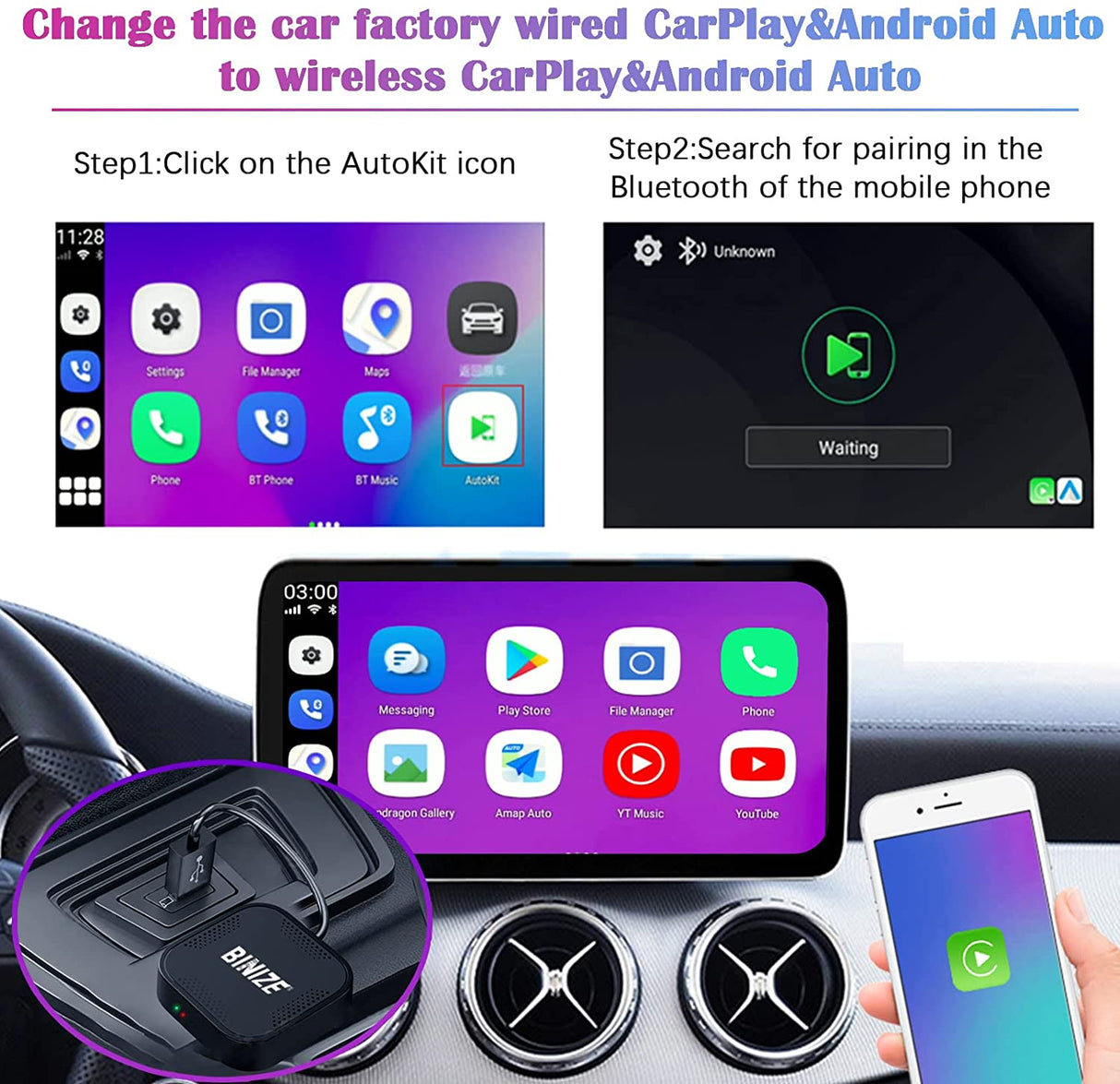 Adaptador inalámbrico Binize CarPlay apto para coche con CarPlay con cable OEM