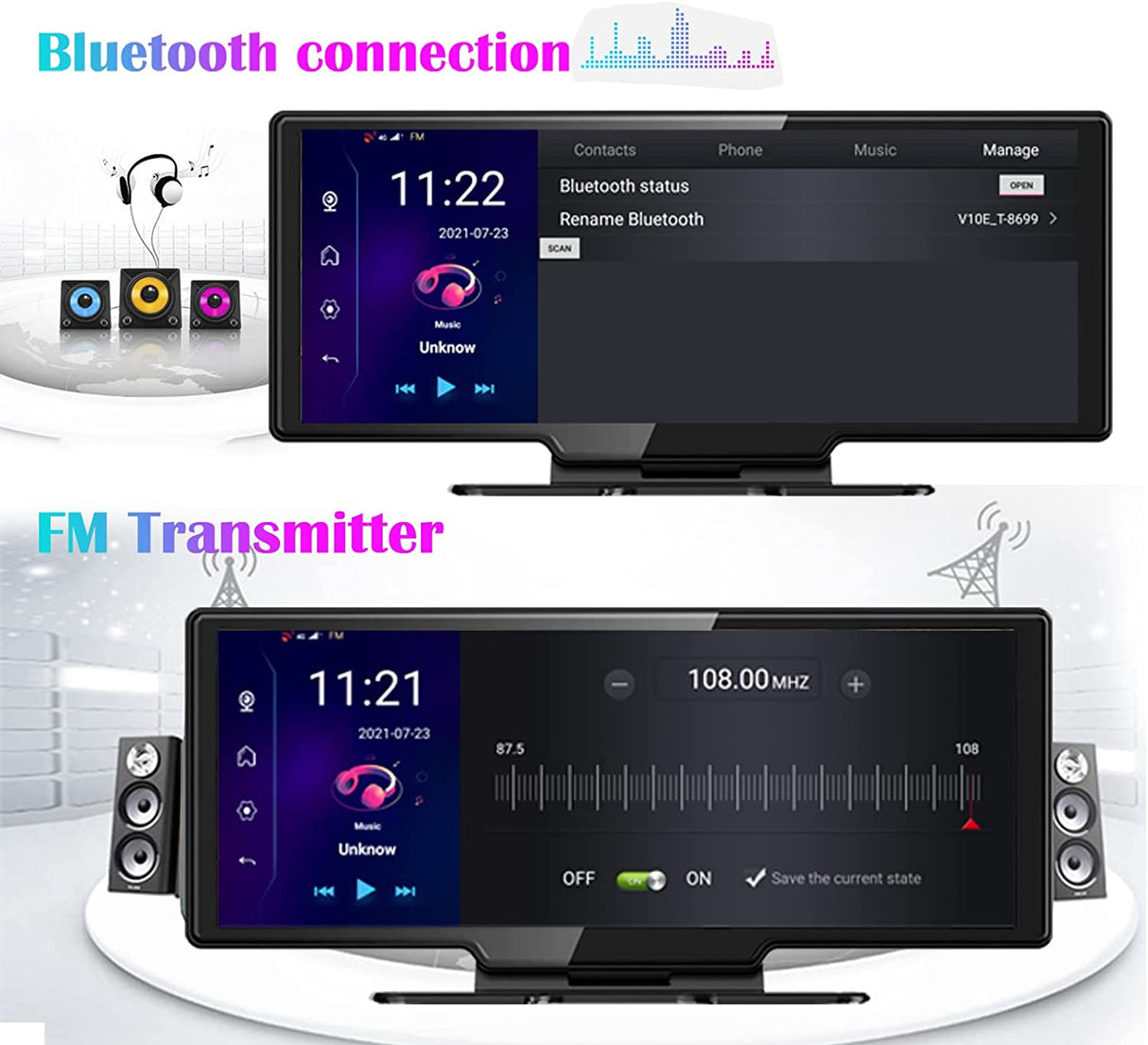 Binize 10'' Android radio with wide touchscreen in car, include front and back dash cam