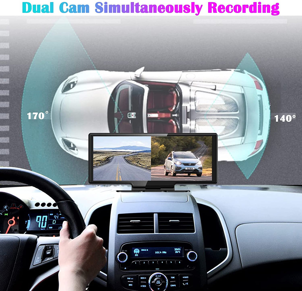 Binize 10'' Android radio with wide touchscreen in car, include front and back dash cam